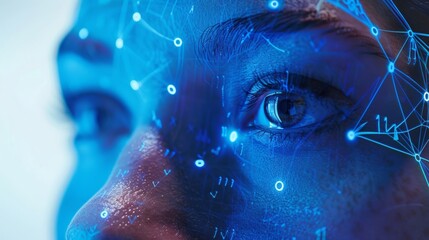 Closeup of a face in front of a facial recognition device utilizing biometric ysis to authenticate and access personal health information. .