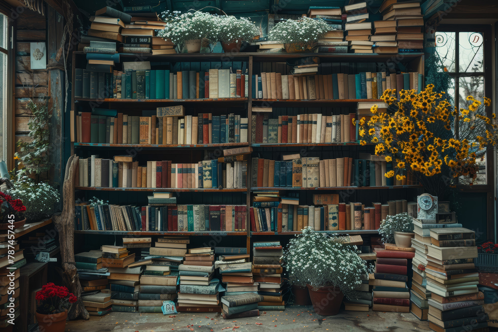 Poster a bookshelf overflowing with volumes of dreams, waiting to be explored and experienced. concept of l