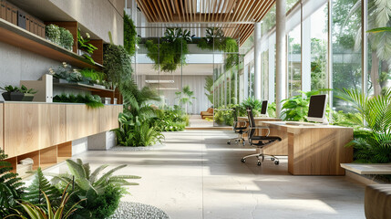 Modern office space filled with greenery, spacious and designed for a healthy, productive environment - obrazy, fototapety, plakaty