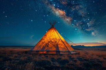 A nomad's tent pitched beneath a canopy of stars, where dreams roam freely under the open sky. Concept of wanderlust and freedom. Generative Ai. - obrazy, fototapety, plakaty