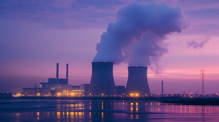 The silhouette of a nuclear power plant stands out against a dusk sky