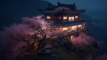 Obraz premium Chinese house. A Chinese house in the mountains. Mountains. Sakura. Traditional Chinese aesthetics harmonized with natural beauty.