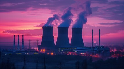 The silhouette of a nuclear power plant stands out against a dusk sky