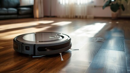 A robot vacuum cleaner operating on a hardwood floor