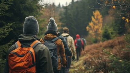 A group of friends trekking through a winding path backs to the camera as they explore the rolling hills and forests. . .