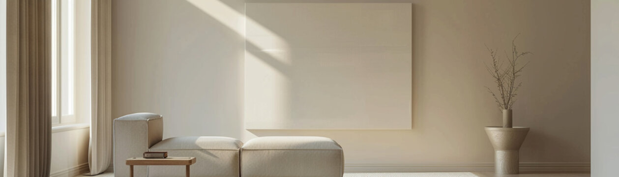Serene minimalist space featuring a blank canvas, where elegance and neutral tones create a peaceful ambiance