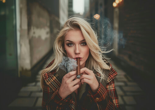 Stylish Blonde Woman Smoking a cigar in Urban Setting