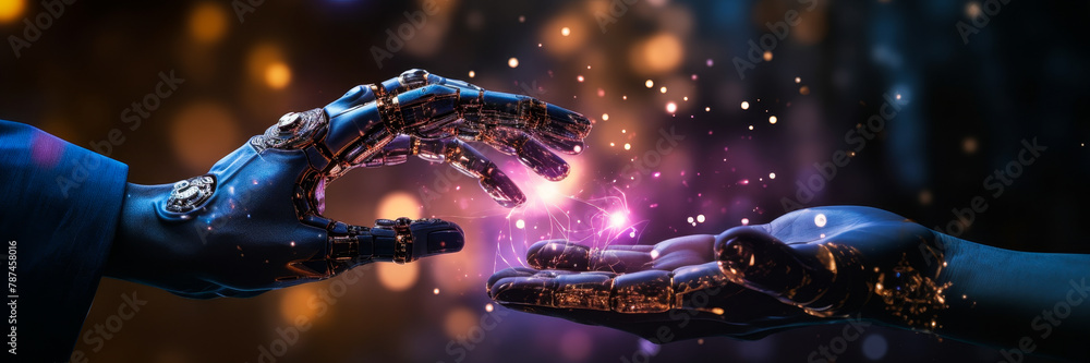 Aufkleber hi-tech futuristic scene: machine learning global network connection, robot & human hands data brain