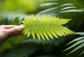 fern leaf in the forest, leaf in hand