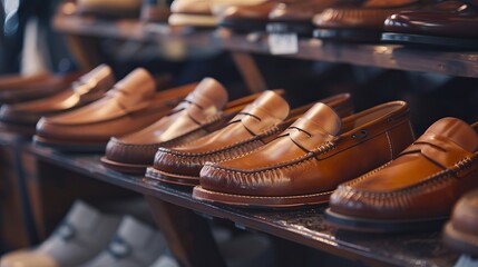 Consider adding subtle branding details, such as an embossed logo or a metal plaque, to signify the quality and authenticity of the loafers  - obrazy, fototapety, plakaty
