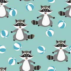 Vector seamless repeating childish pattern with cute raccoon in doodle style. Animals background for invitation, poster, card, flyer, textile, fabric