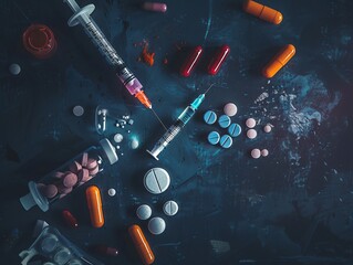 Ending the grip of drug addiction: an image featuring a syringe, cigarette, and pills, all marked with prohibition signs, set against a dark background - obrazy, fototapety, plakaty
