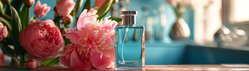 Turquoise and peonies blend in a perfume setting, creating an alluring aroma that captivates the senses - obrazy, fototapety, plakaty