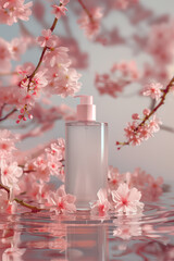 Cosmetic bottle mockup surrounded of sakura branch with flowers, against maroon background, studio shot