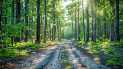 Türaufkleber Mystical Forest Path at Dawn, Sunlight Filtering Through Green Foliage, Tranquil and Enchanting Morning Walk © NURA ALAM
