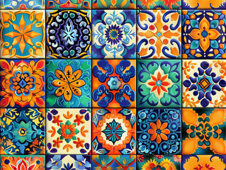 Dynamic 3D vector art of Mexican Talavera tiles, bright and colorful ceramic style patterns,