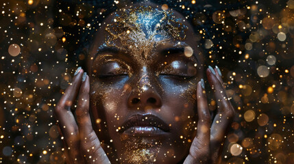 A powerful portrait of a woman with rich ebony skin and a crown of golden stars adorning her head. Her eyes are closed in deep meditation her hands reaching upwards as if to grasp .