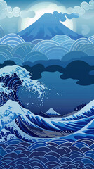 3D vector of an abstract Japanese wave pattern with Mount Fuji silhouettes, minimalist blue gradients,