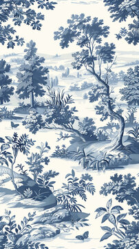 3D vector of French toile patterns depicting pastoral scenes in monochrome blue, classic style,