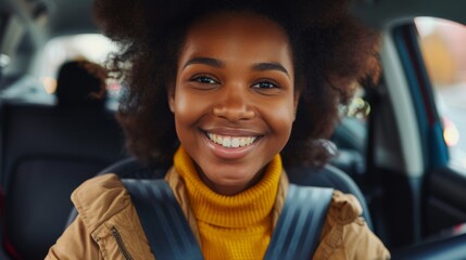 Woman Smiling in Car - obrazy, fototapety, plakaty