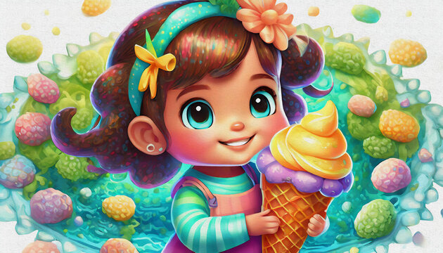 OIL PAINTING STYLE CARTOON CHARACTER CUTE BABY CHILD ICE CREAM  isolated on white background, top view