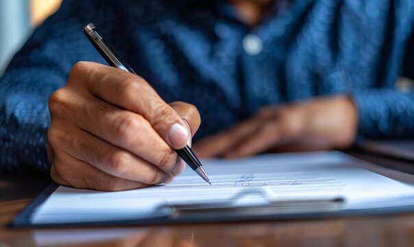 Hand of man signing signature 