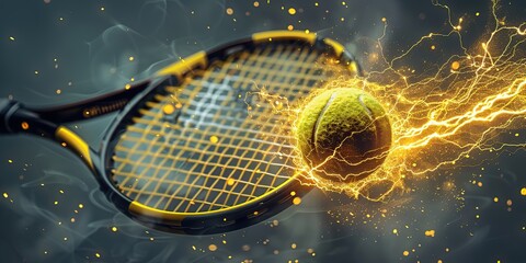 tennis racket and ball in smoke, cover - obrazy, fototapety, plakaty
