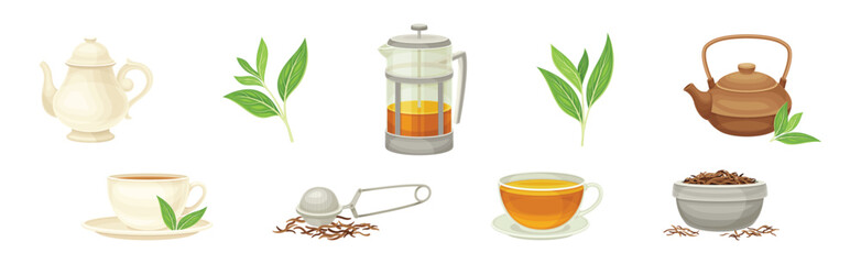 Tea Brewing with Teapot and French Press Vector Set