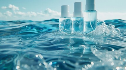 The clear oceanic backdrop of our podium echoes the transparency of our organic cosmetic line. With a focus on natural pure ingredients . .