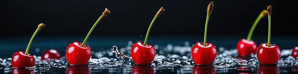 The cherry falls into the water. Beautiful red cherry, sweet cherry with splashes of water on a...
