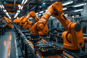 A car factory production line with robotic arms, a high-tech and futuristic atmosphere, a wide-angle lens capturing the entire workshop, modern design elements. Generative AI - 787459293