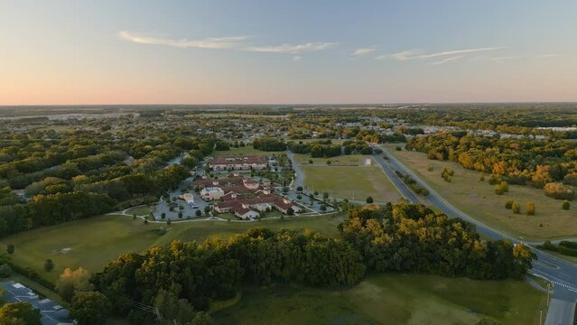 Aerial video of assisted living community located south of Ocala, Florida, USA.  April 2024.