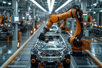 A car factory production line with robotic arms, a high-tech and futuristic atmosphere, a wide-angle lens capturing the entire workshop, modern design elements. Generative AI - obrazy, fototapety, plakaty