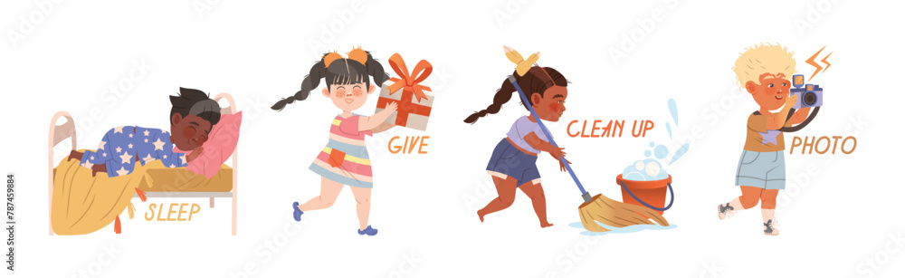 Poster kid character demonstrate action verb and word vector set