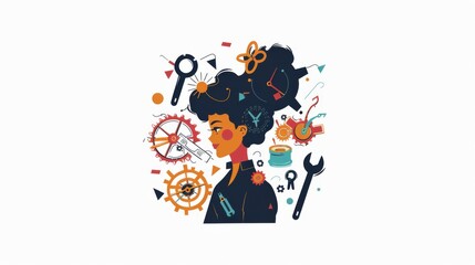 A woman with a head full of gears and tools