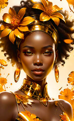 African American beautiful model, golden illustration for fashion banner. Fashion female model background, photo of gorgeous black woman,	
