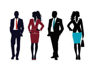 Obraz premium Set of Silhouettes of businesswomen and businessmen, female and male model wearing official suits and standing in different positions