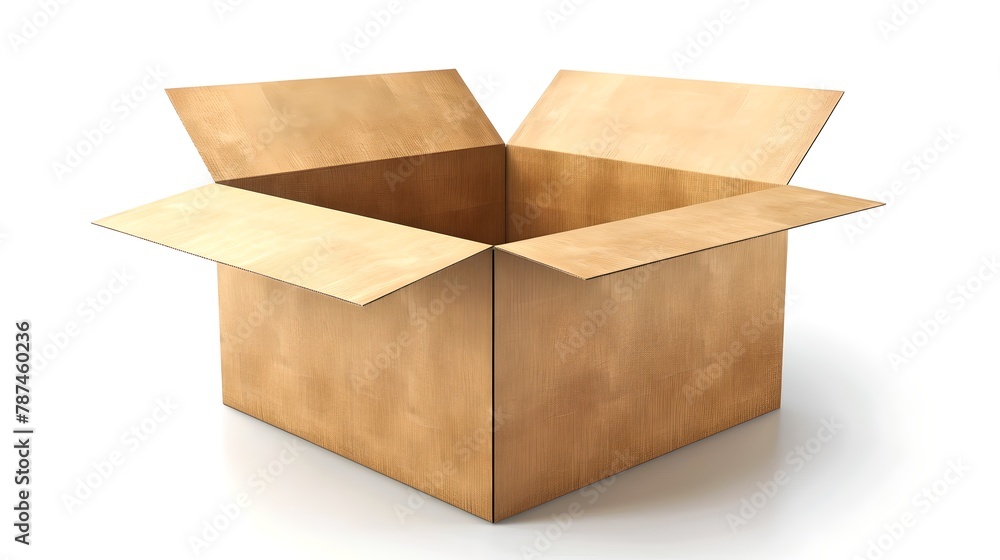 Poster empty cardboard box isolated on white backdrop. simple design, packaging concept. ideal for moving o