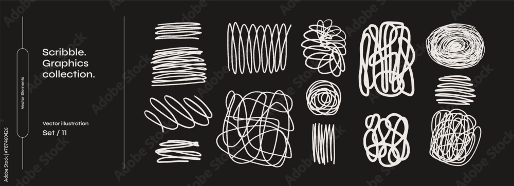 Poster Scribble white strokes vector set. Wavy lines and shaded spots. Sketches with pencil or marker in scribble style. Monochrome vector illustration.