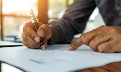 Hand of man signing signature 