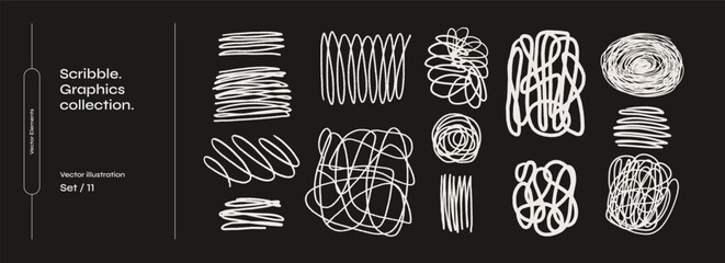 Scribble white strokes vector set. Wavy lines and shaded spots. Sketches with pencil or marker in scribble style. Monochrome vector illustration.