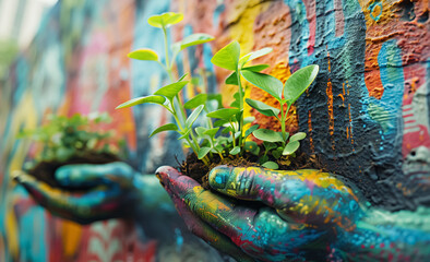 Colorful hands holding young green plants against a vibrant graffiti-covered wall, symbolizing...