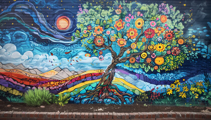 Vibrant mural featuring colorful tree of life against backdrop of rolling hills and radiant sun....