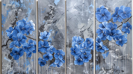 Four-panel wall Art, Grey Marble with Blue Hydrangea Flower Designs