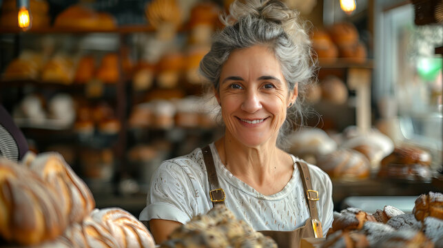 A smiling female baker who is also a shop owner. She offers exemplary customer service when handing over a customer's order at her retail store.