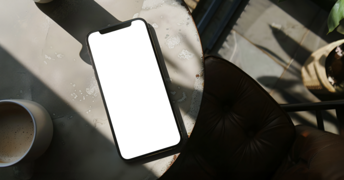 smartphone on the table in a restaurant or cafe with its transparent screen - easy modification