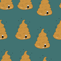 Seamless pattern with kawaii poop on color background. Cartoon poo, feces icons. Shit patterns, evil turd. Vector illustration for invitation, poster, card, fabric, textile. Doodle style