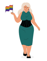 Girl lesbian LGBT concept illustration. Young woman hold lgbtq rainbow flag. - 787460848
