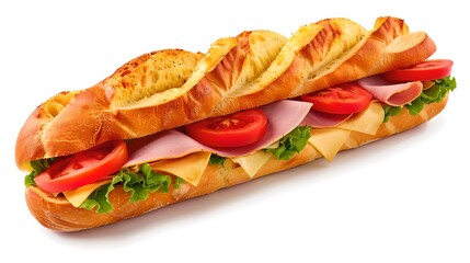 Fresh sub sandwich with ham, cheese, tomatoes, lettuce on white. Perfect for menu design. Realistic food illustration. AI - obrazy, fototapety, plakaty