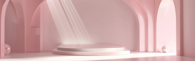 A pink room with a pink archway and a pink stage
